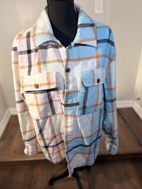 Lightweight Plaid Shirt Jacket in Pastel Blue, Cream & Tan